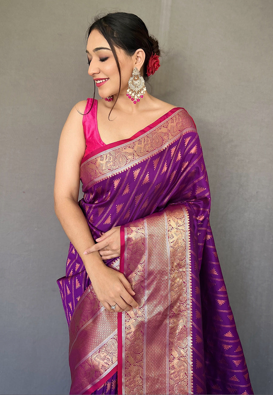 MySilkLove Midnight Pearl Purple Banarasi Silk Leheriya Copper Zari Woven Saree