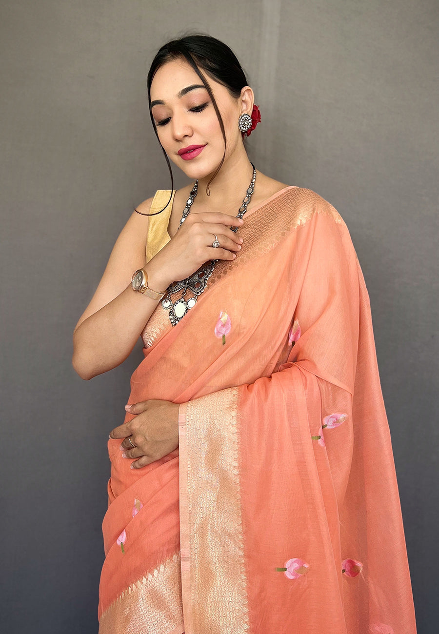 MySilkLove Flesh Peach Cotton Lotus Woven Silk Saree