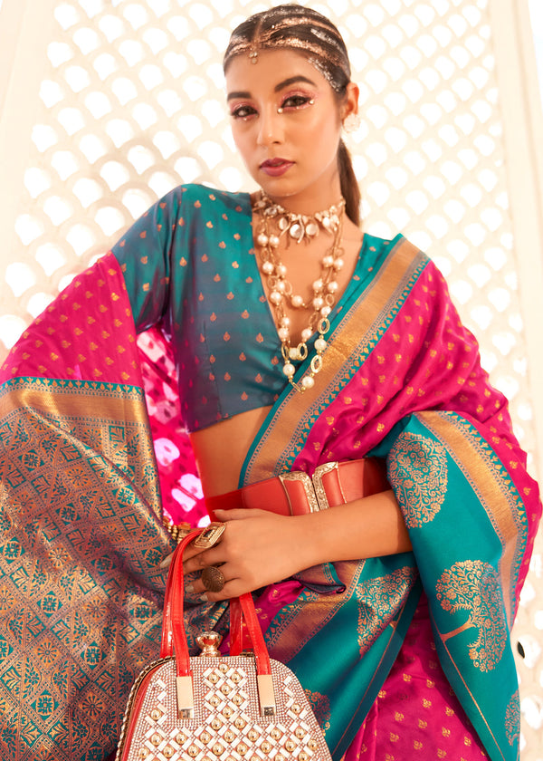 Strawberry Pink and Blue Woven Banarasi Soft Silk Saree