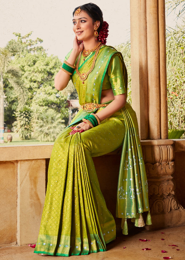 Bird Flower Green Woven Kanjivaram Silk Saree