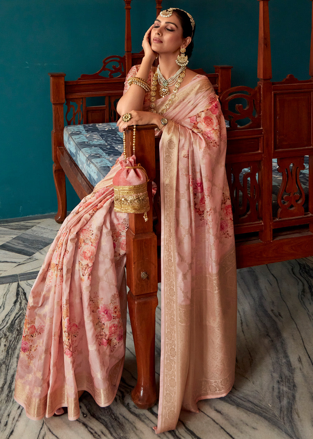 Buy MySilkLove My Pink Woven Banarasi Floral Printed Silk Saree Online