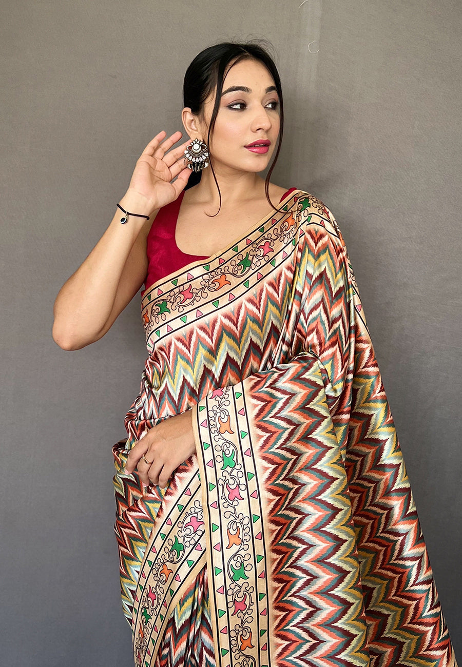 Buy MySilkLove Cameo Pink Multicolor Ikkat Printed Saree Online