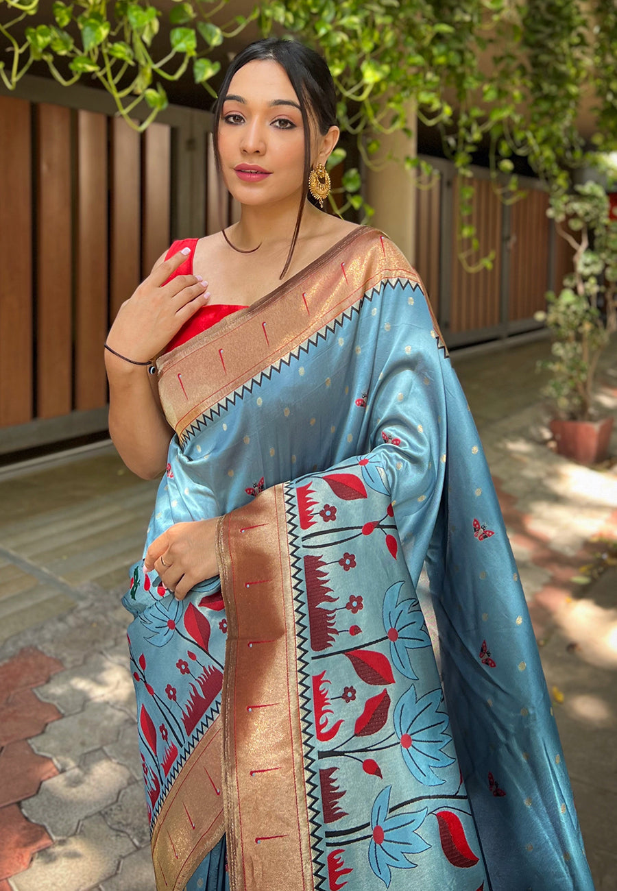 MySilkLove Rock Blue Zari Woven Titli Royal Paithani Silk Saree