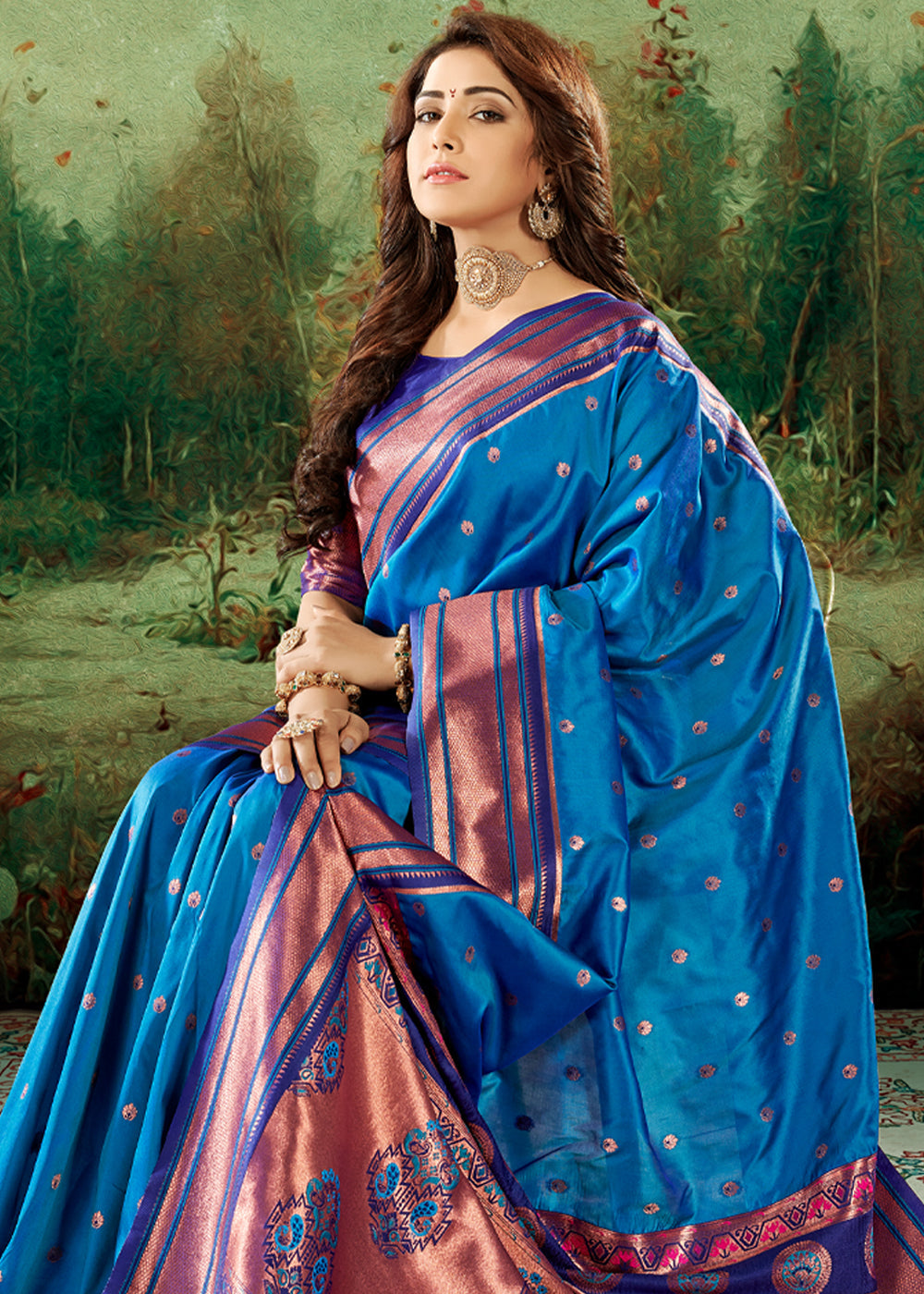 Buy MySilkLove Bahama Blue Woven Paithani Soft Silk Saree Online