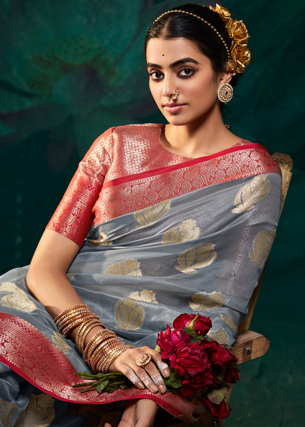 Buy MySilkLove Manatee Grey Woven Banarasi Organza Silk Saree Online