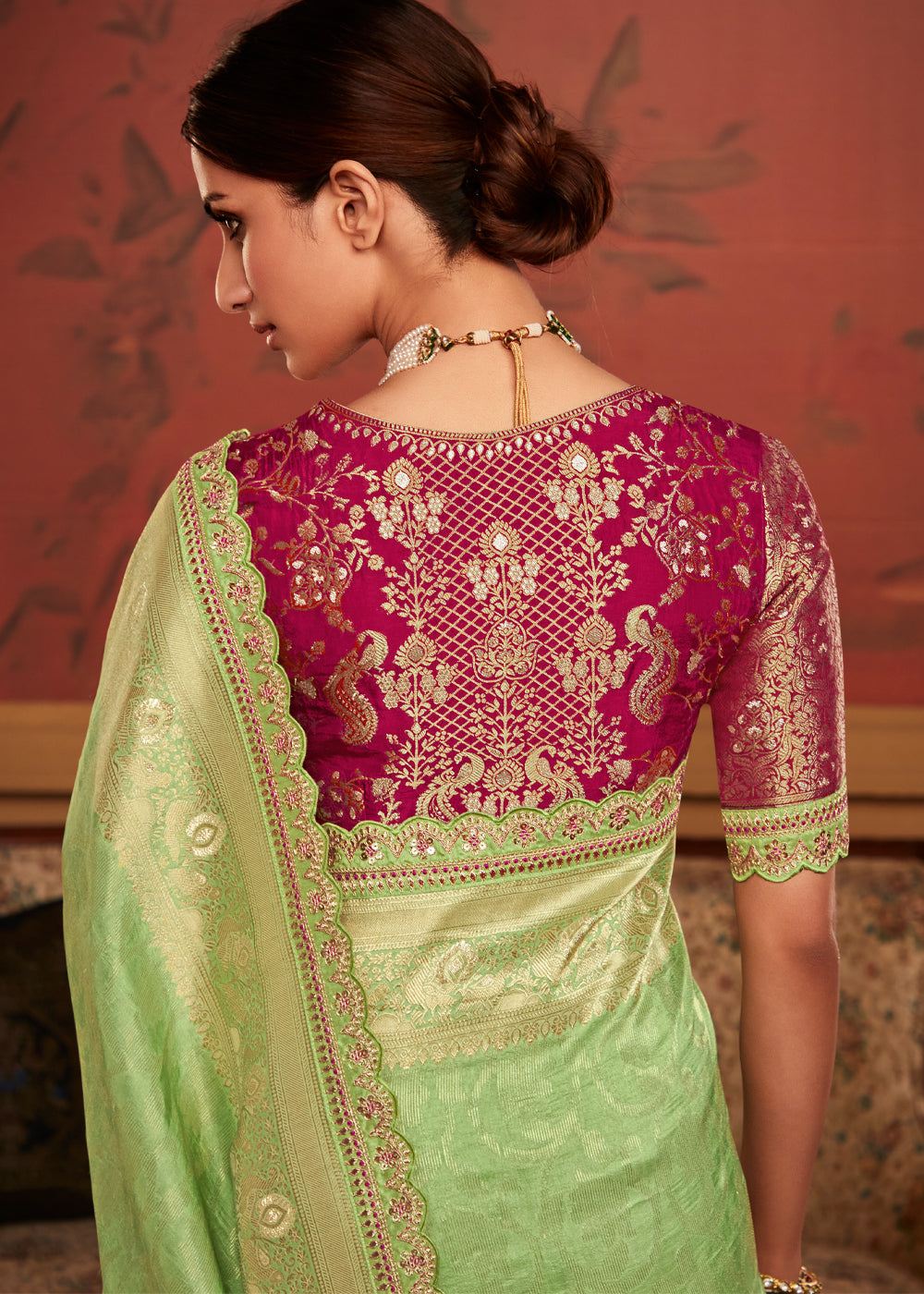 Buy MySilkLove Citrus Green Woven Banarasi Designer Silk Saree With Embroidered Blouse Online