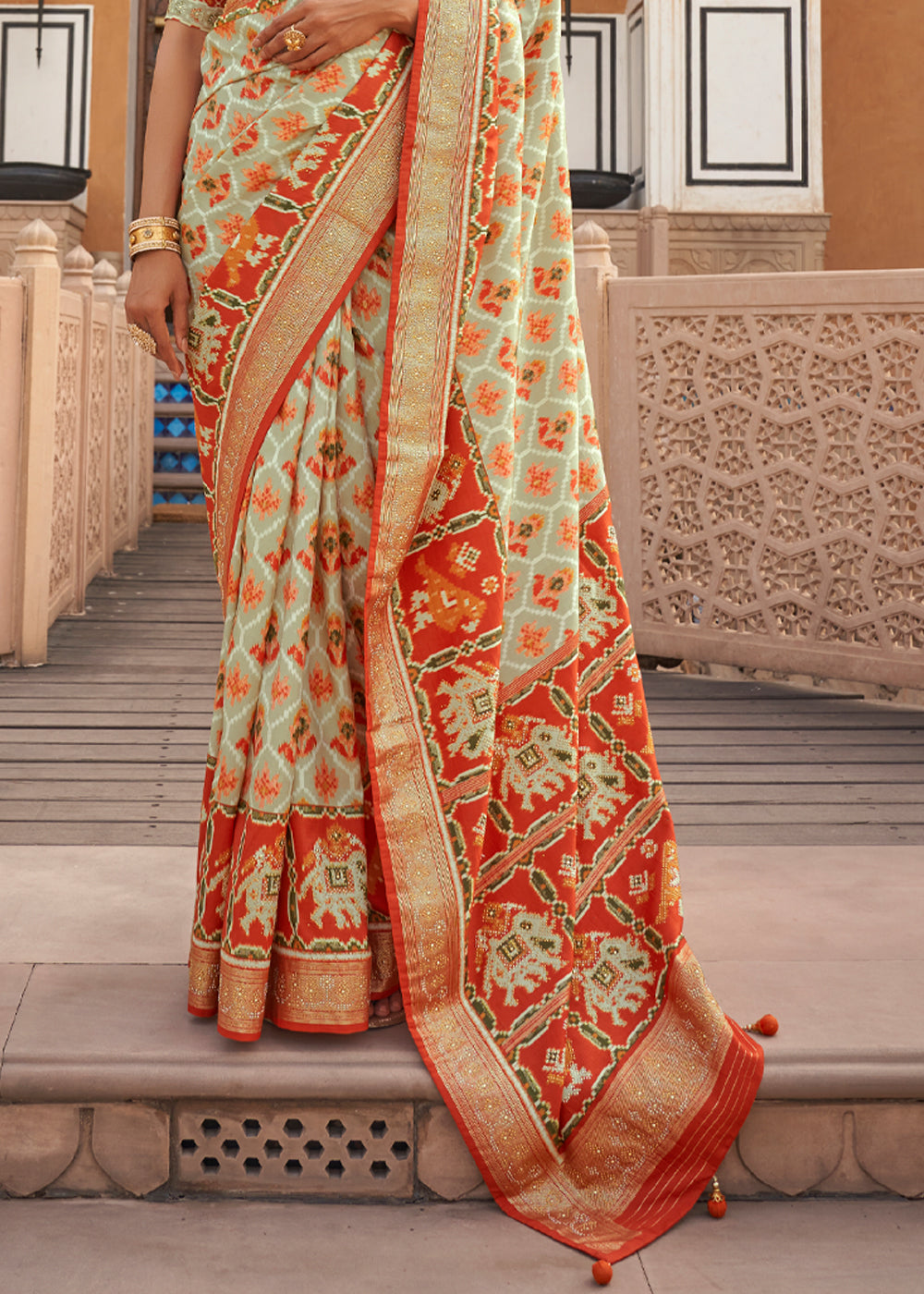 Buy MySilkLove Raffia Cream Printed Patola Silk Saree Online