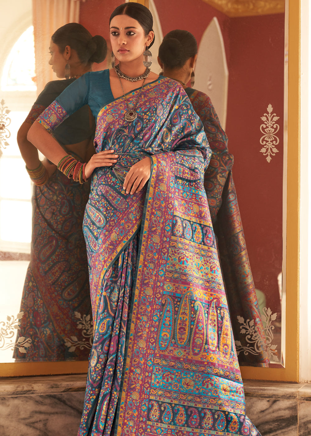 Buy MySilkLove Mid Blue Woven Kashmiri Jamewar Silk Saree Online