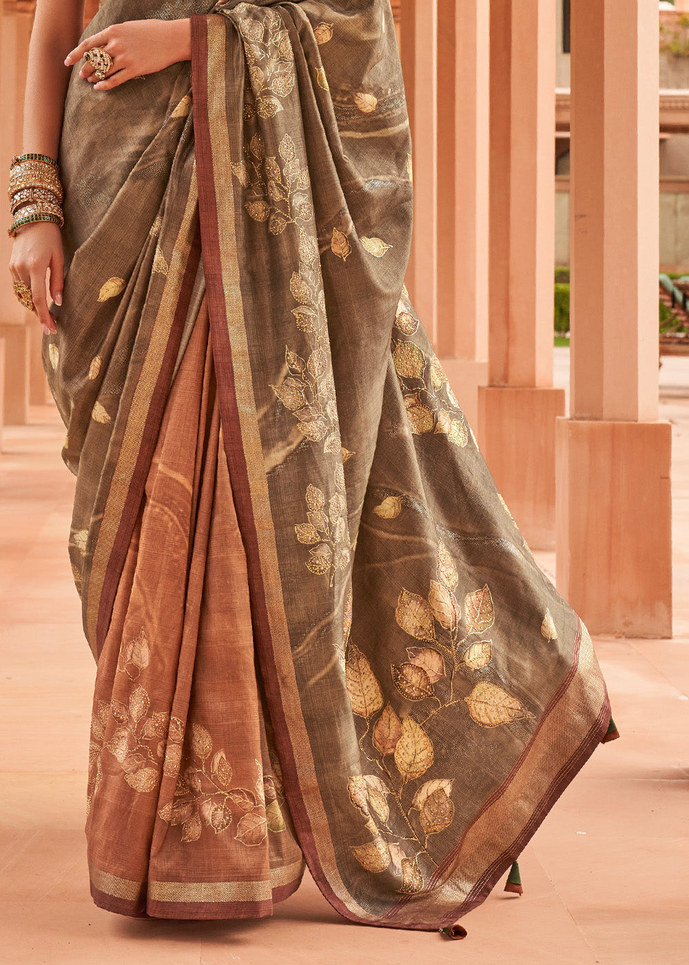 Buy MySilkLove Leather Grey and Brown Printed Patola Soft Silk Saree Online