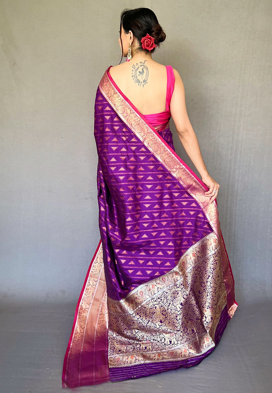 Buy MySilkLove Midnight Pearl Purple Banarasi Silk Leheriya Copper Zari Woven Saree Online