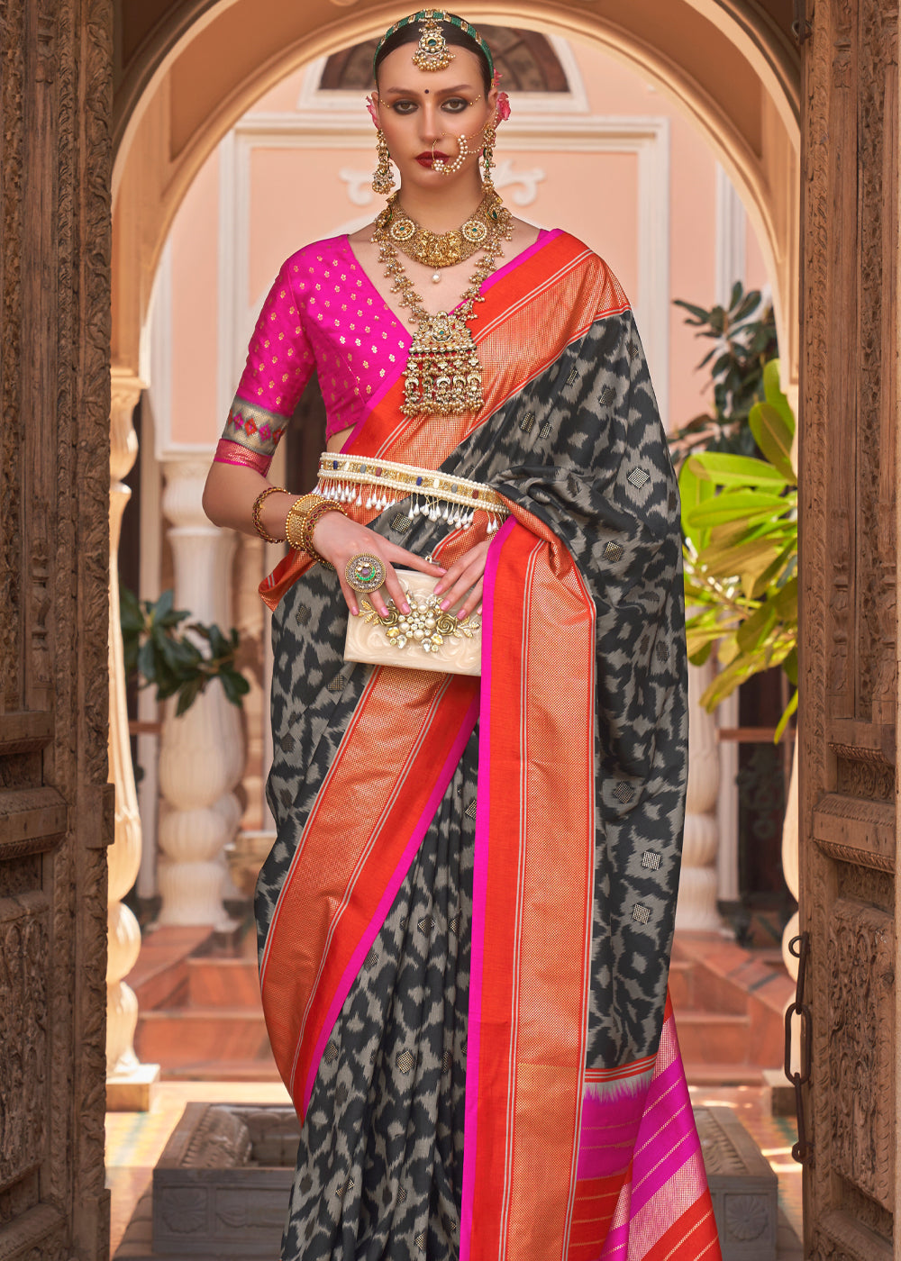 Buy MySilkLove Merlin Black and Pink Woven Patola Silk Saree Online