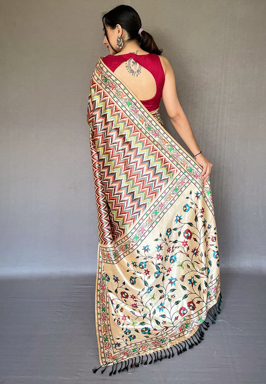 Buy MySilkLove Cameo Pink Multicolor Ikkat Printed Saree Online