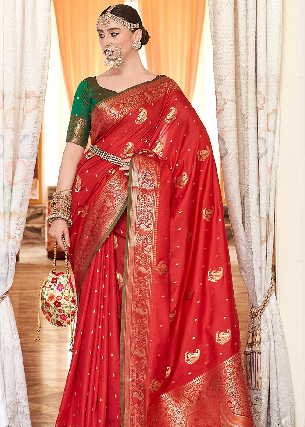 Buy MySilkLove Rusty Red Woven Banarasi Soft Silk Saree Online