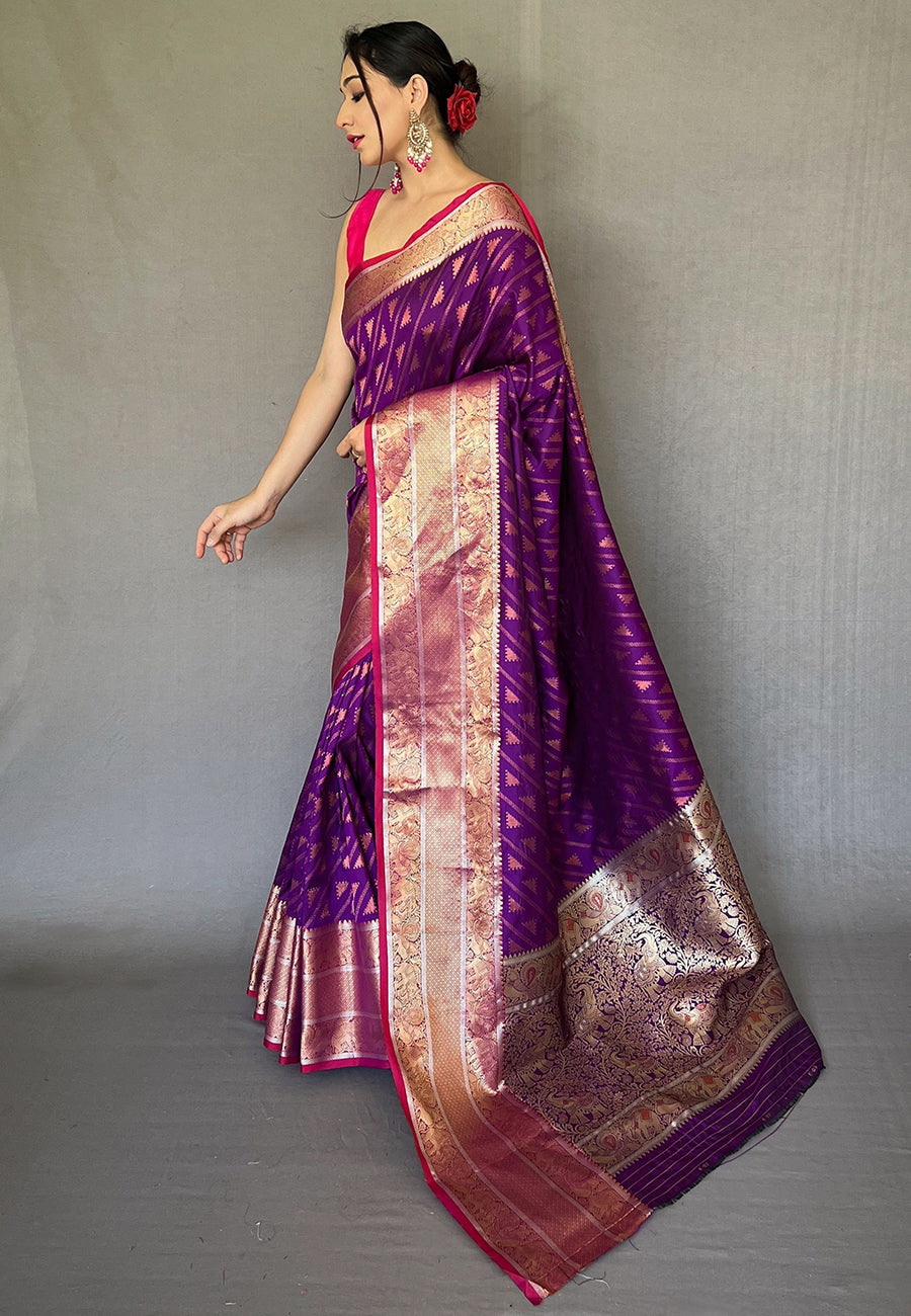 Buy MySilkLove Midnight Pearl Purple Banarasi Silk Leheriya Copper Zari Woven Saree Online