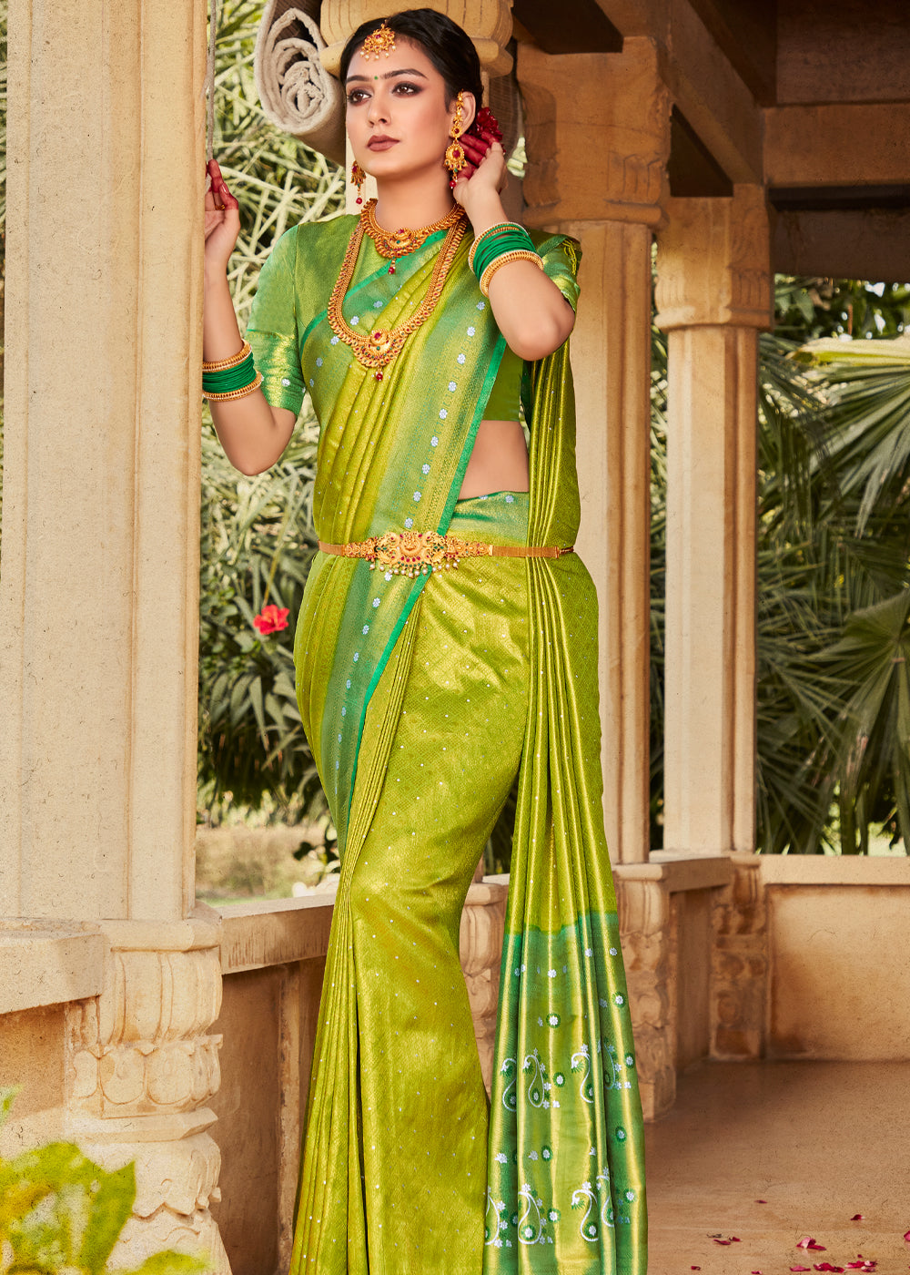 Buy MySilkLove Bird Flower Green Woven Kanjivaram Silk Saree Online