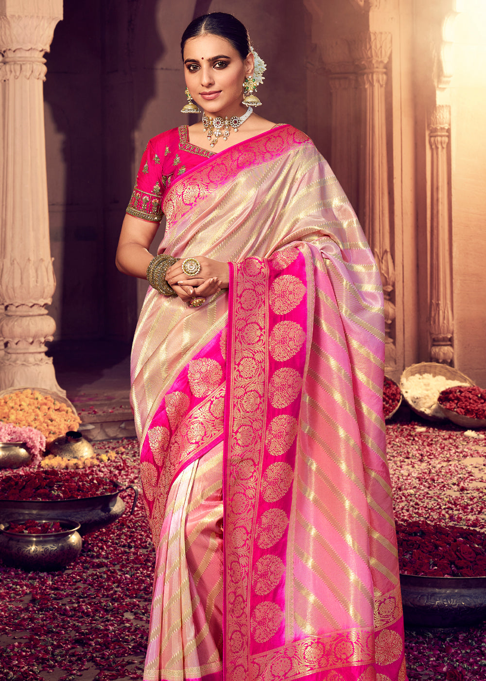 Buy MySilkLove Papaya Cream and Pink Zari Woven Designer Banarasi Saree Online