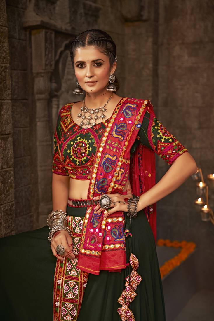 Buy MySilkLove Kelp Green and Red Lehenga Choli Online