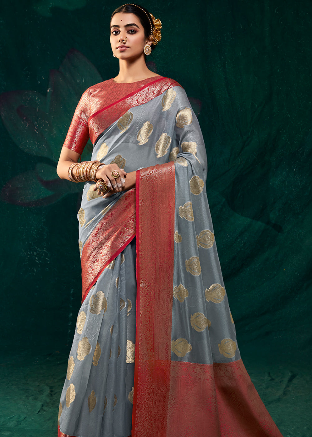 Buy MySilkLove Manatee Grey Woven Banarasi Organza Silk Saree Online