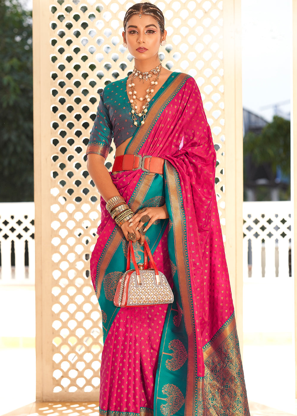 Buy MySilkLove Strawberry Pink and Blue Woven Banarasi Soft Silk Saree Online