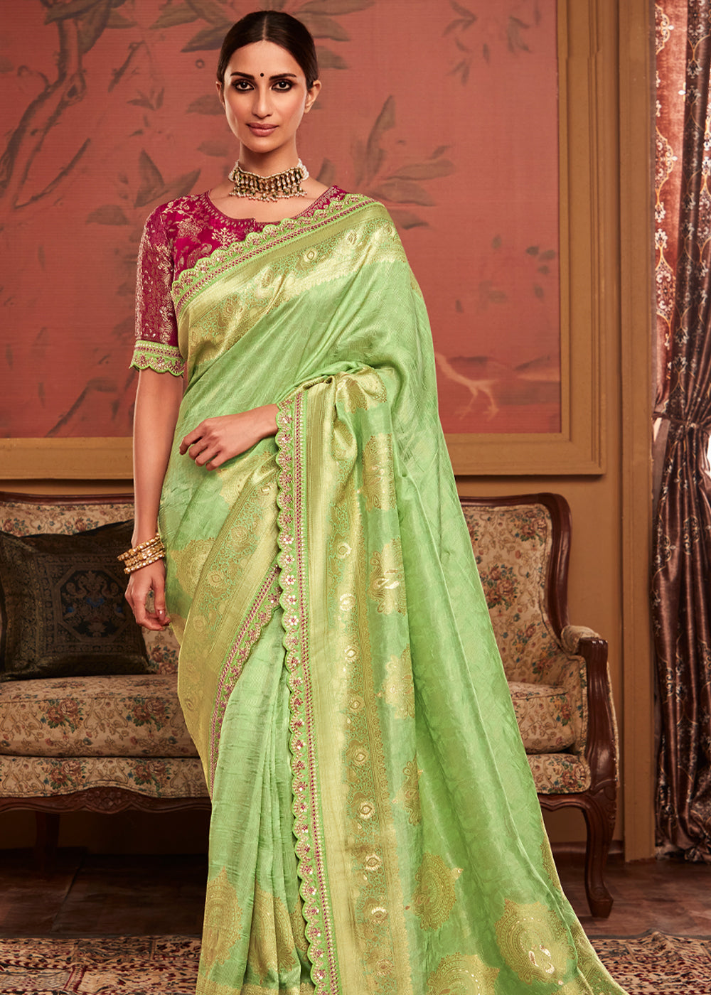 Buy MySilkLove Citrus Green Woven Banarasi Designer Silk Saree With Embroidered Blouse Online