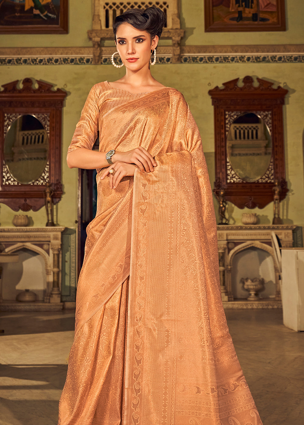 Buy MySilkLove Peach Orange Dual Tone Kanjivaram Silk Saree Online