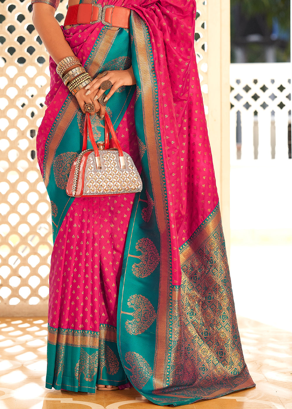 Buy MySilkLove Strawberry Pink and Blue Woven Banarasi Soft Silk Saree Online