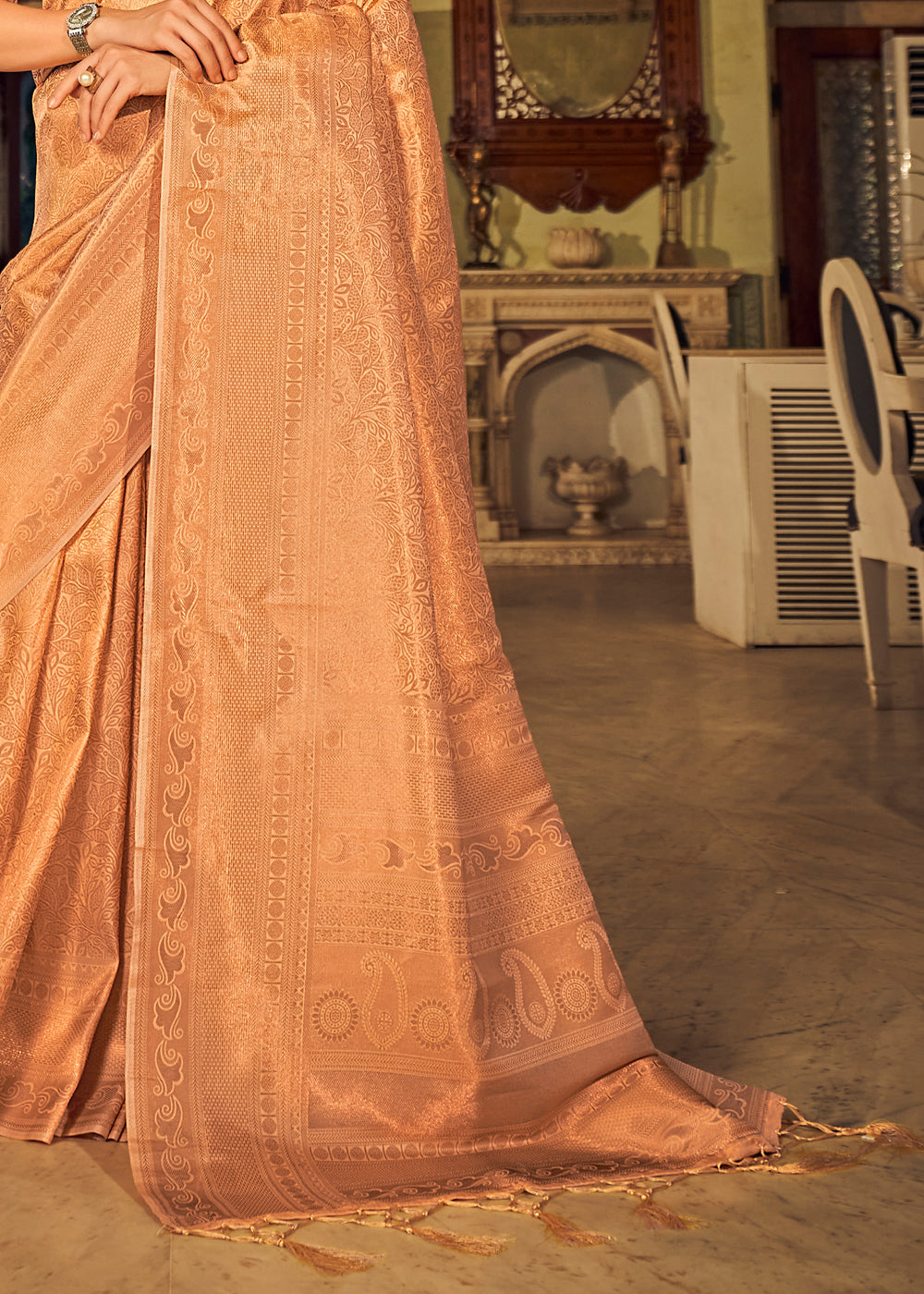 Buy MySilkLove Peach Orange Dual Tone Kanjivaram Silk Saree Online