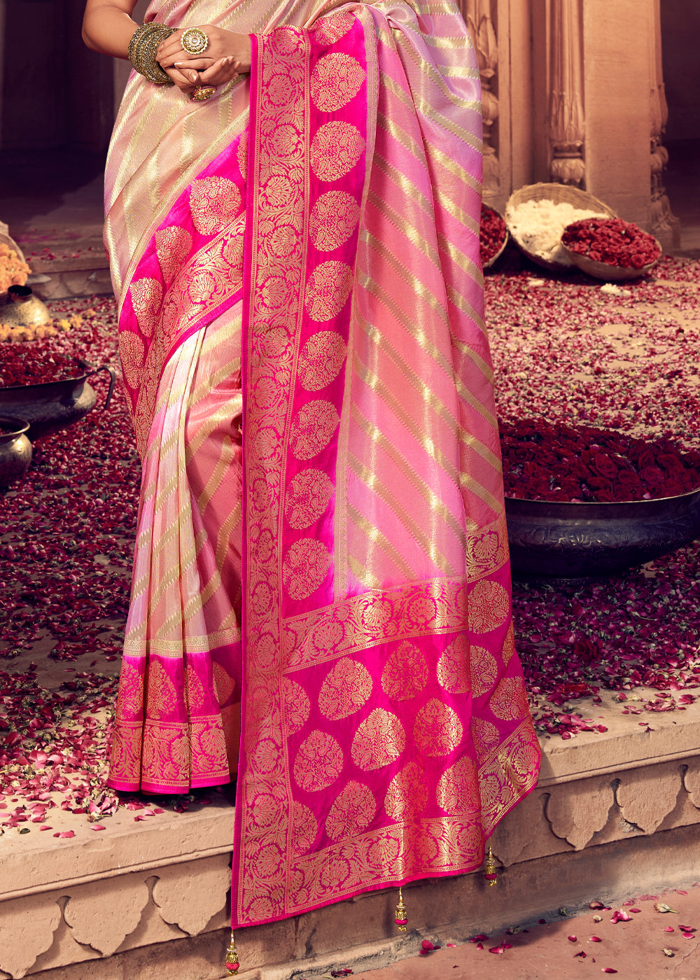 Buy MySilkLove Papaya Cream and Pink Zari Woven Designer Banarasi Saree Online