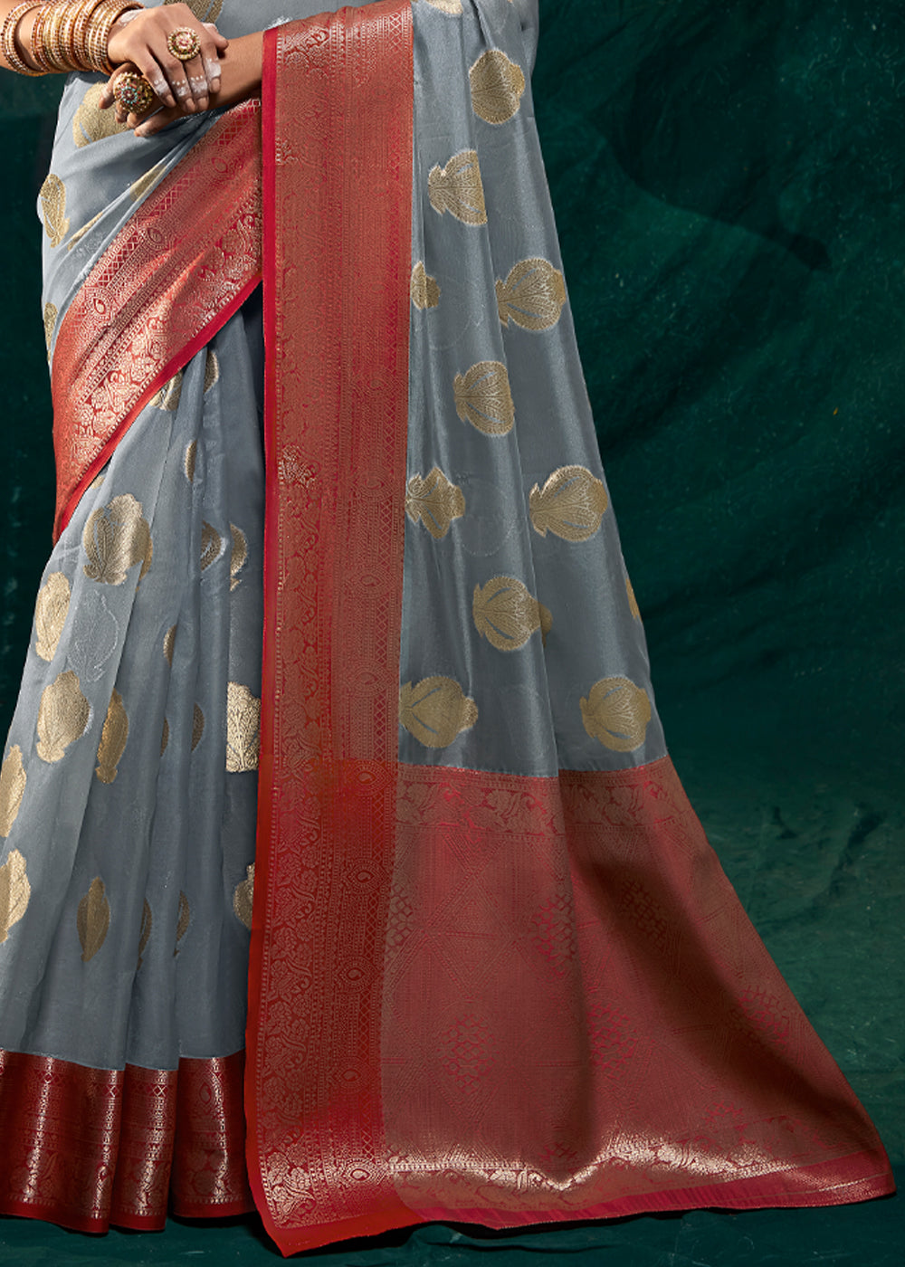 Buy MySilkLove Manatee Grey Woven Banarasi Organza Silk Saree Online