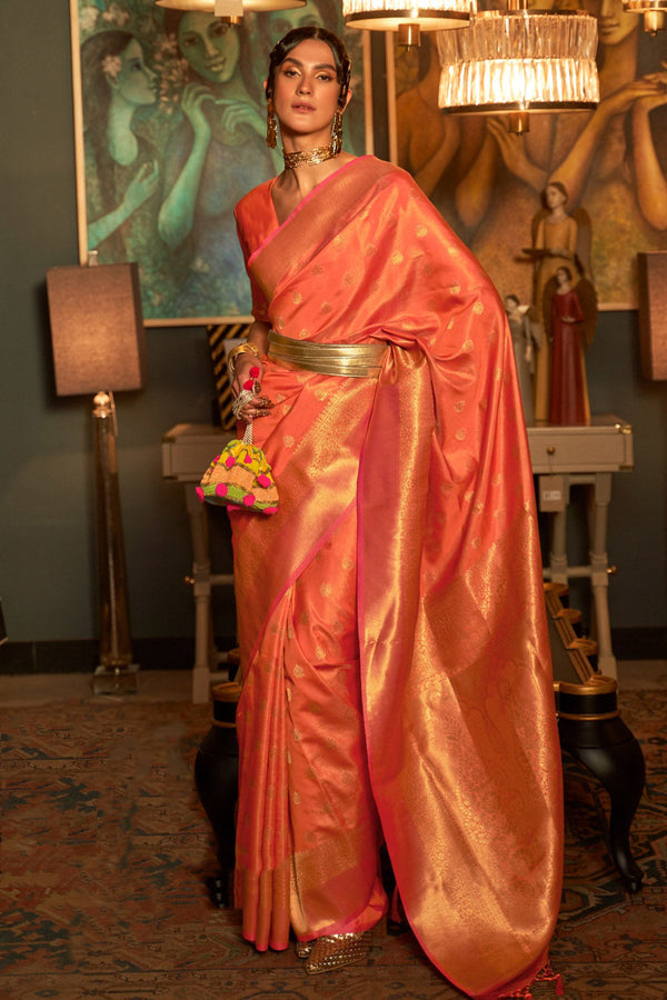 Macaroni Peach Woven Kanjivaram Handloom Silk Saree