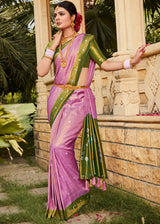 Lotus Pink and Green Woven Kanjivaram Silk Saree