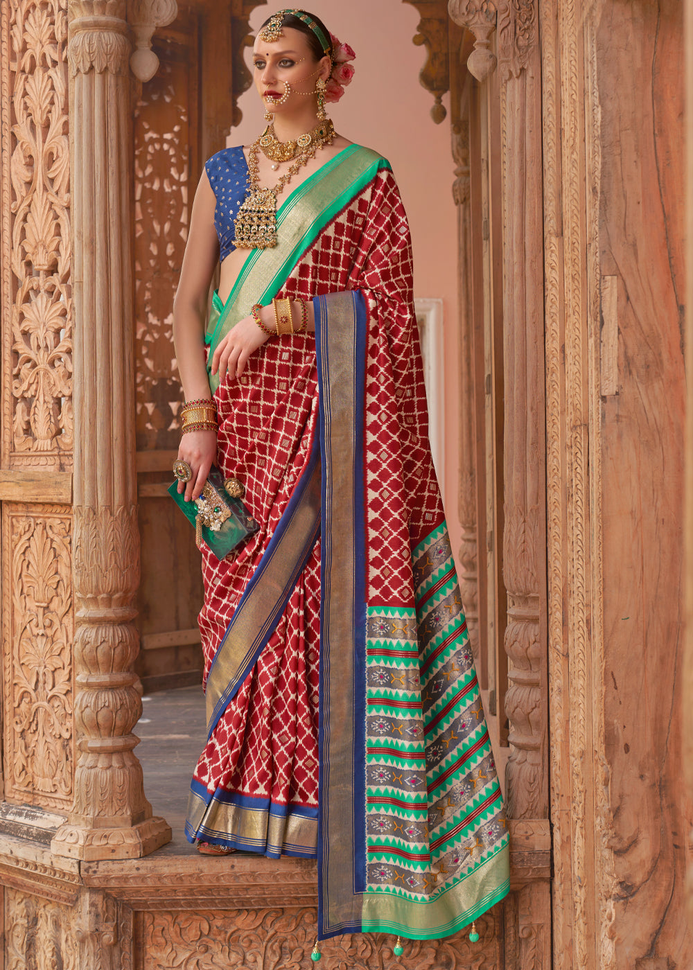 Buy MySilkLove Dark Red and Blue Woven Patola Silk Saree Online