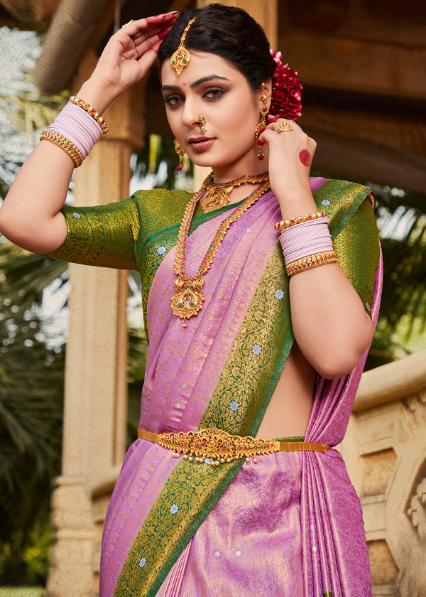 Lotus Pink and Green Woven Kanjivaram Silk Saree