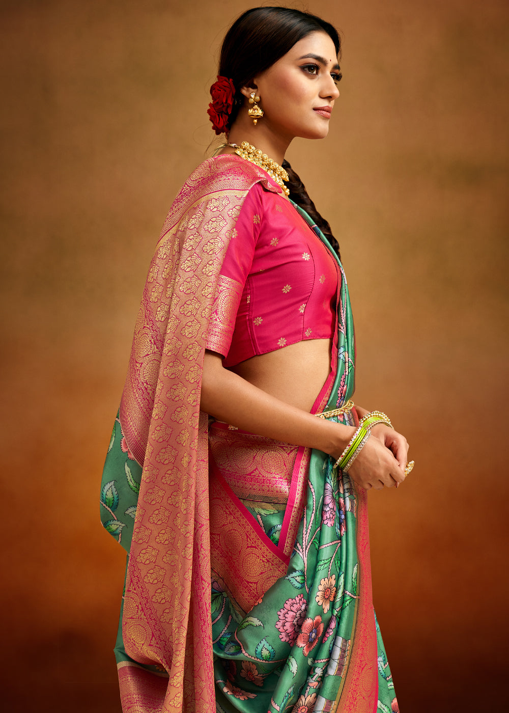 MySilkLove Laurel Green and Pink Woven Banarasi Kalamkari Silk Saree