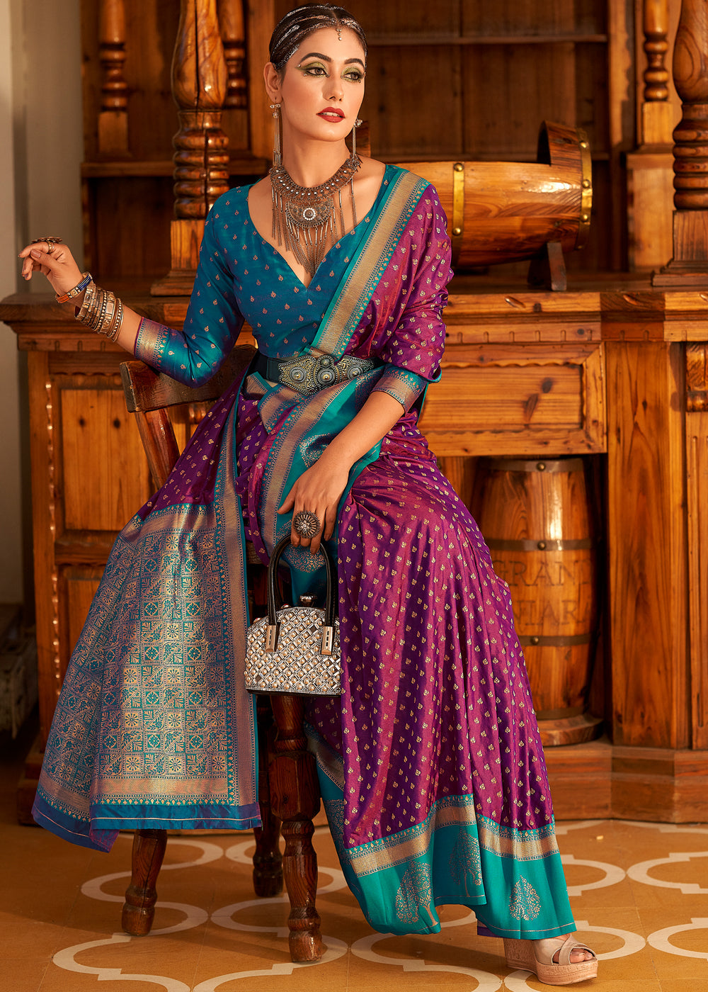 Buy MySilkLove Mystic Pearl Purple and Blue Woven Banarasi Soft Silk Saree Online