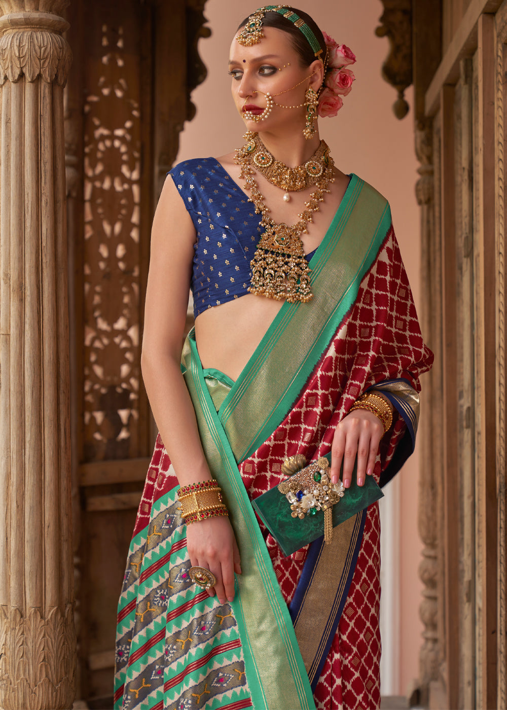 Buy MySilkLove Dark Red and Blue Woven Patola Silk Saree Online