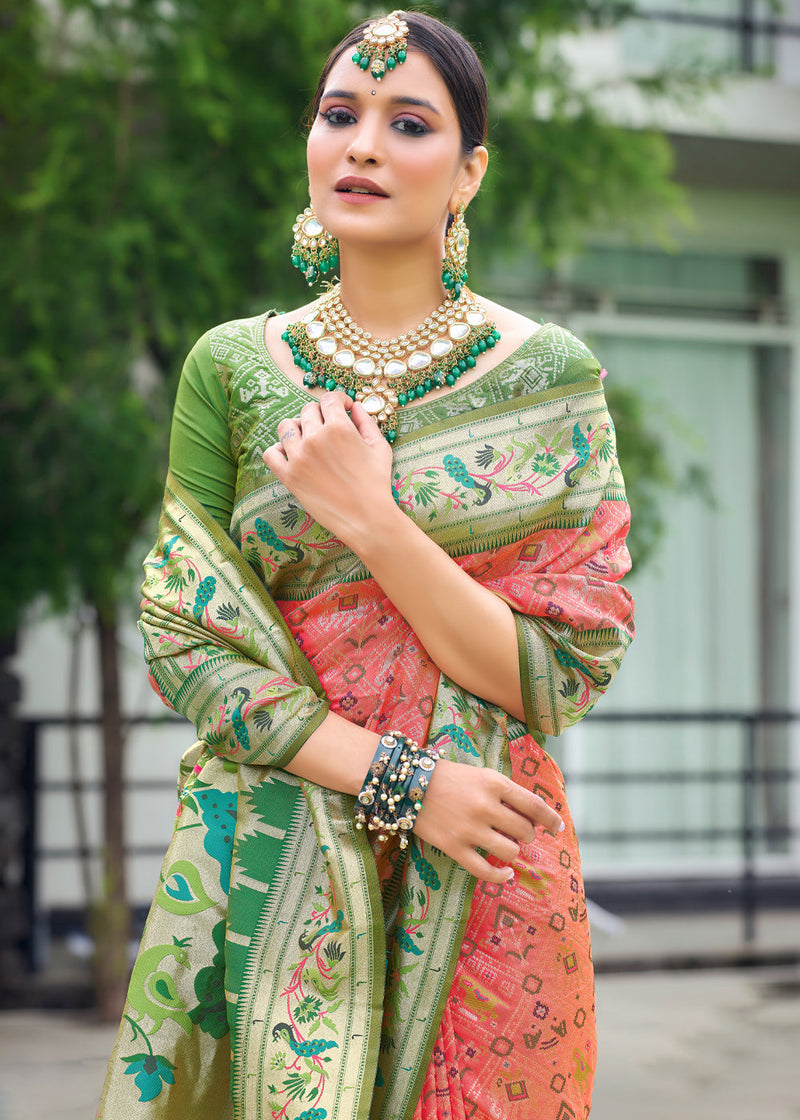 Japonica Peach Woven Paithani Patola Silk Saree