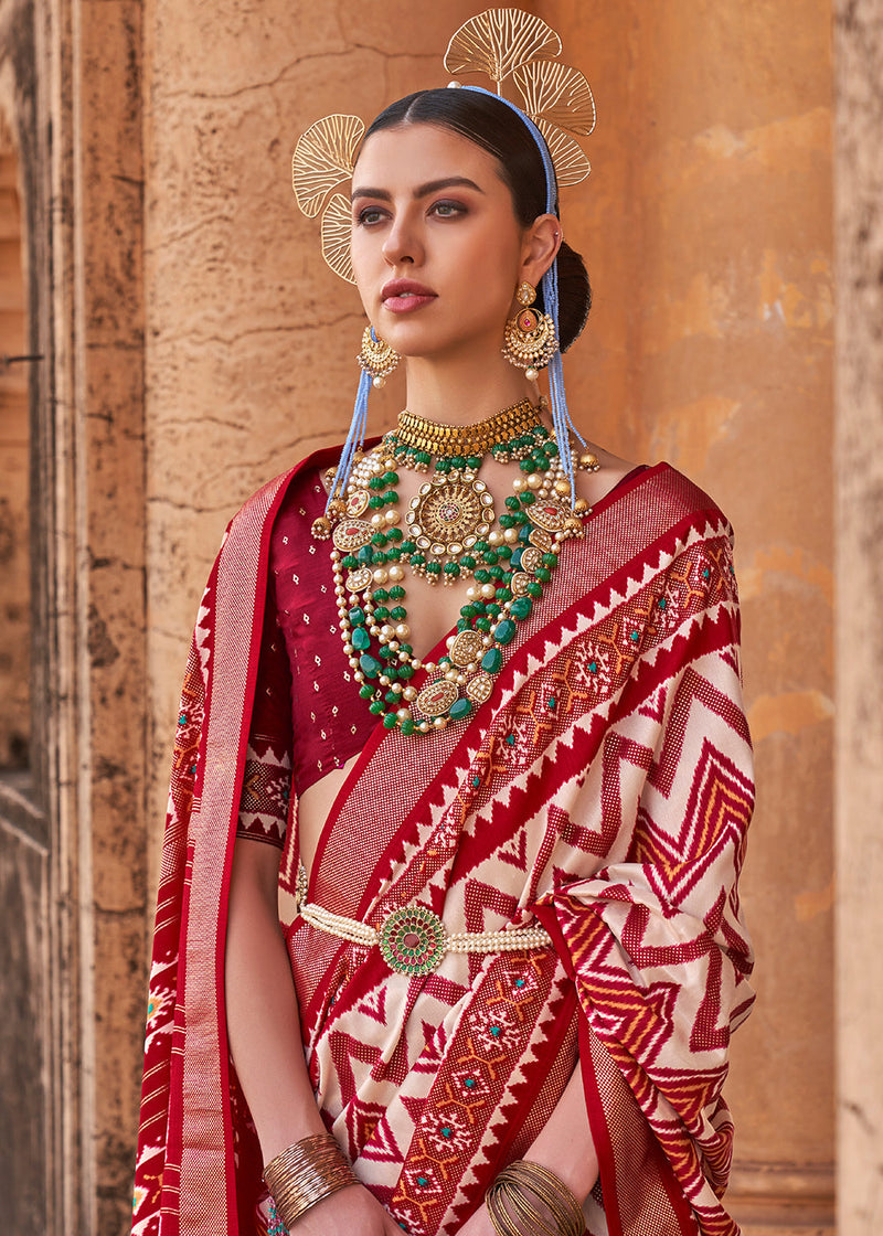 Cherry Red Banarasi Silk Saree with Floral Zari work - Cloth