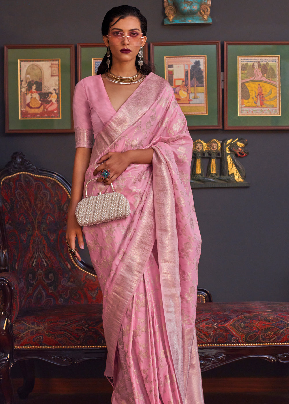 Buy MySilkLove Rose Fog Pink Banarasi Katan Silk Saree Online