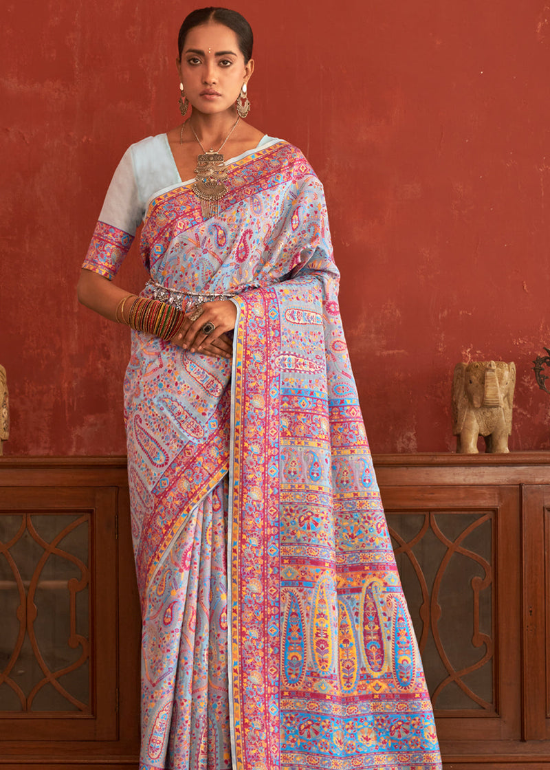 Surf Crest Blue Woven Kashmiri Jamewar Silk Saree