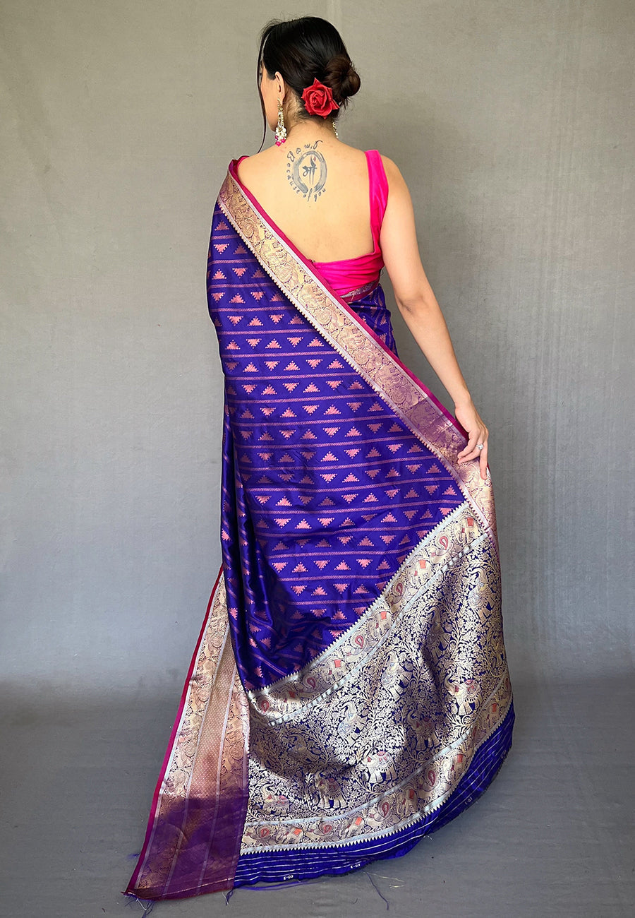 Buy MySilkLove Meteorite Blue Banarasi Silk Leheriya Copper Zari Woven Saree Online