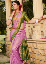 Lotus Pink and Green Woven Kanjivaram Silk Saree