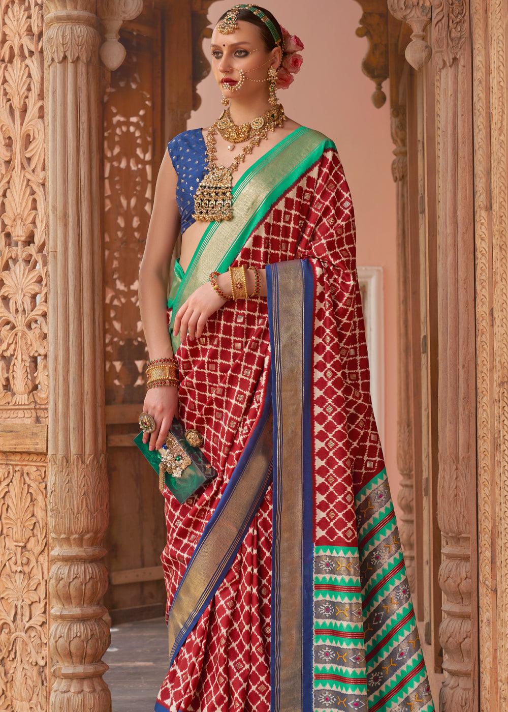 Buy MySilkLove Dark Red and Blue Woven Patola Silk Saree Online