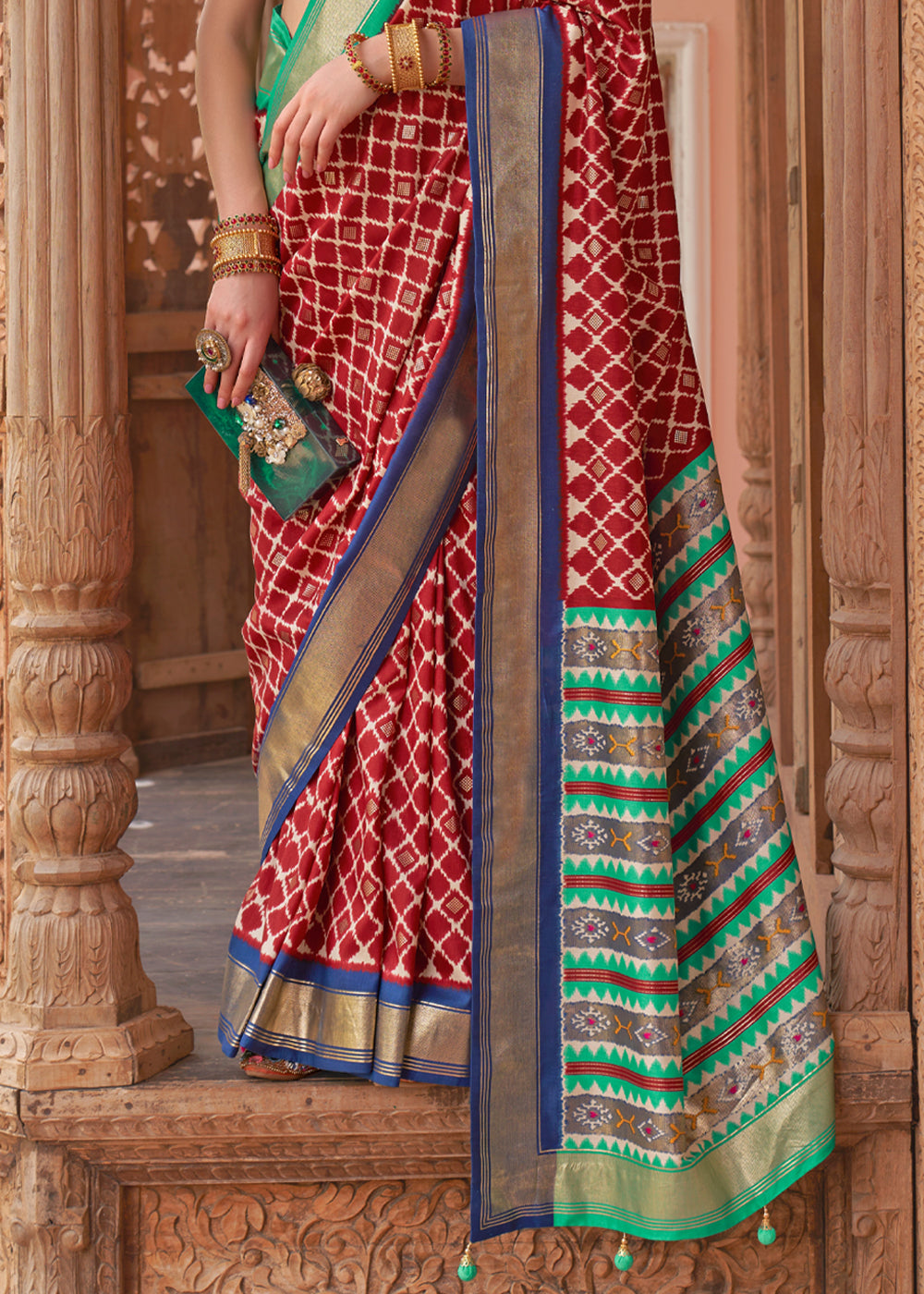 Buy MySilkLove Dark Red and Blue Woven Patola Silk Saree Online