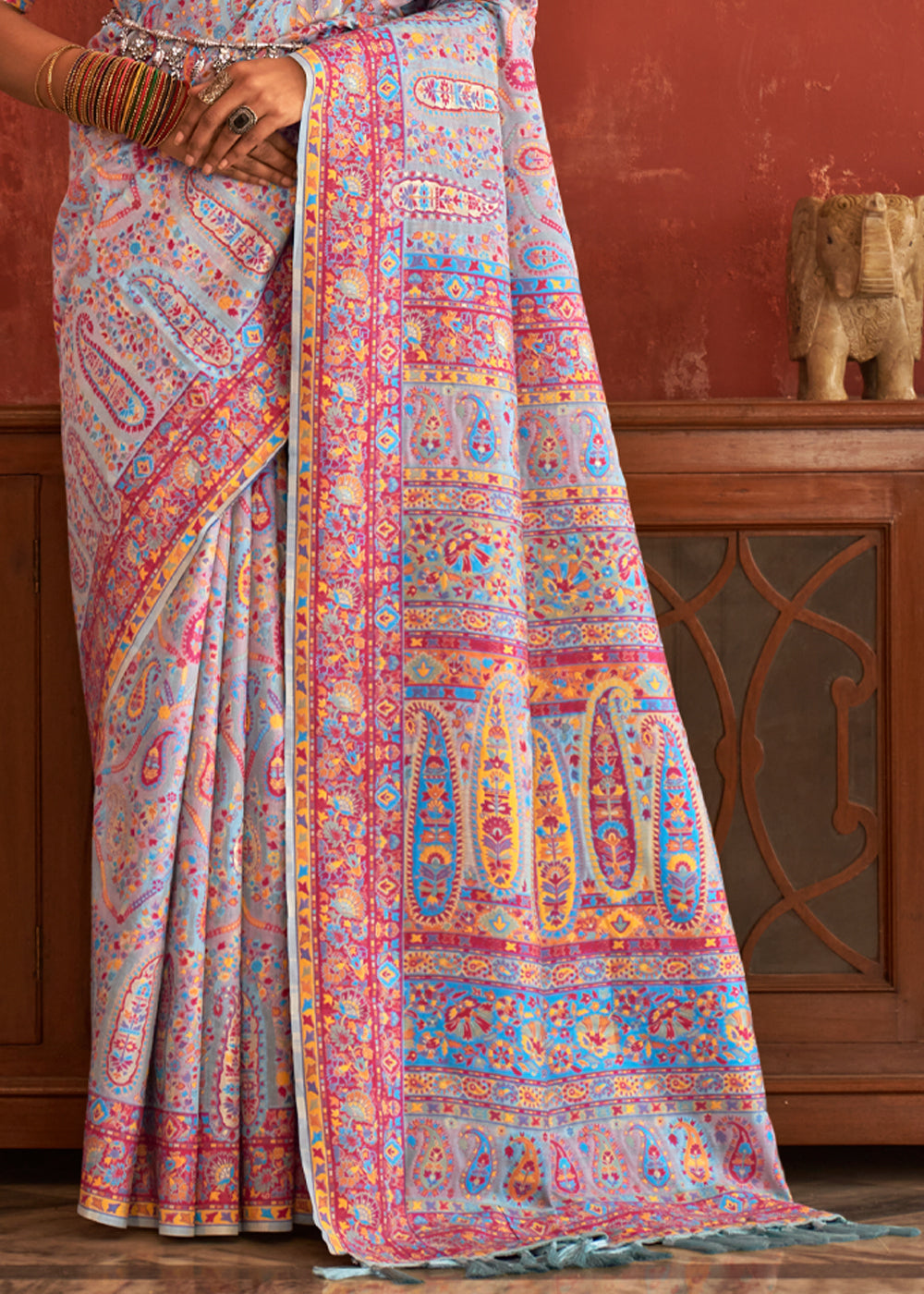 Buy MySilkLove Surf Crest Blue Woven Kashmiri Jamewar Silk Saree Online