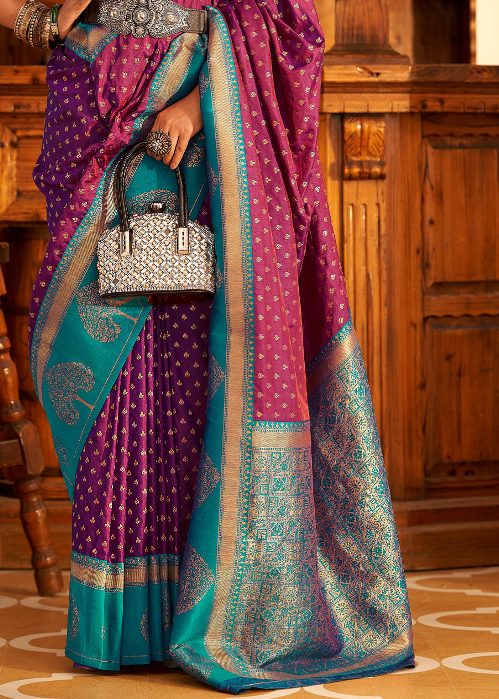 Buy MySilkLove Mystic Pearl Purple and Blue Woven Banarasi Soft Silk Saree Online