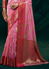 Lavender Pink Woven Banarasi Organza Silk Saree