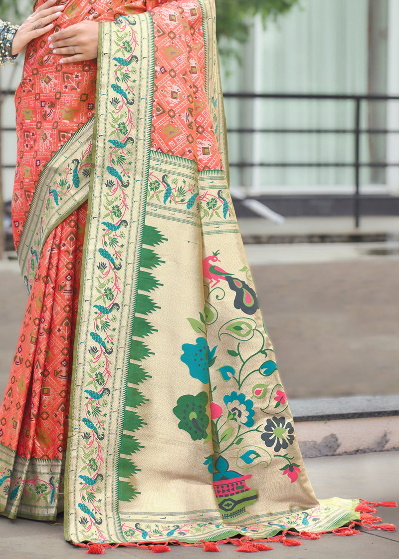 Japonica Peach Woven Paithani Patola Silk Saree