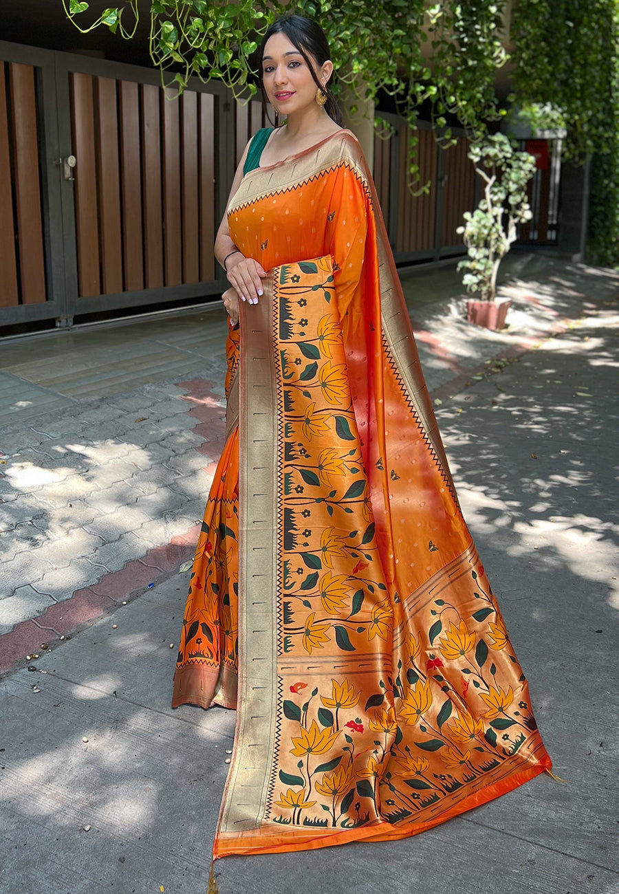 Buy MySilkLove Christine Orange Zari Woven Titli Royal Paithani Silk Saree Online
