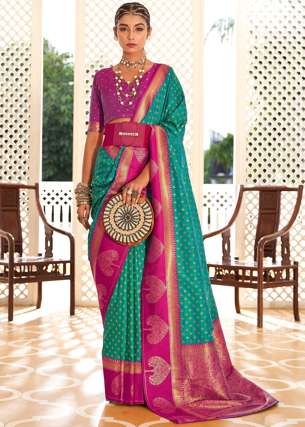 Buy MySilkLove Jungle Green and Pink Woven Banarasi Soft Silk Saree Online